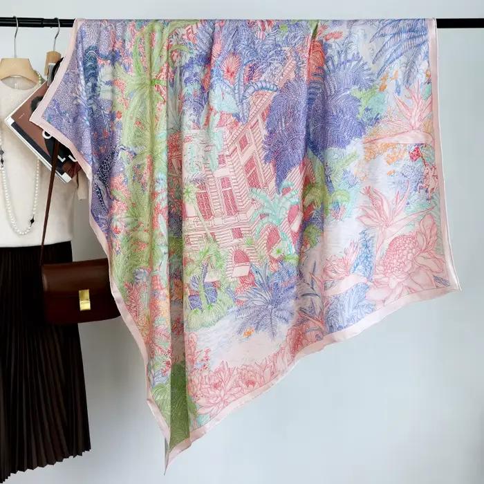 Écharpe en soie de mûrier de luxe grande taille, foulard et châle de créateur pour femme, bordure roulée à la main, accessoire de mode et décoration pour sac quatre saisons
