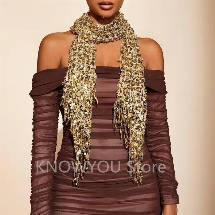 Vintage doré scintillant frange écharpe fête châle femmes luxe foulard paillettes déco enveloppes