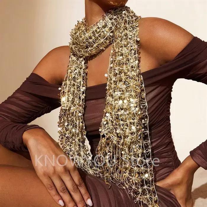 Vintage doré scintillant frange écharpe fête châle femmes luxe foulard paillettes déco enveloppes