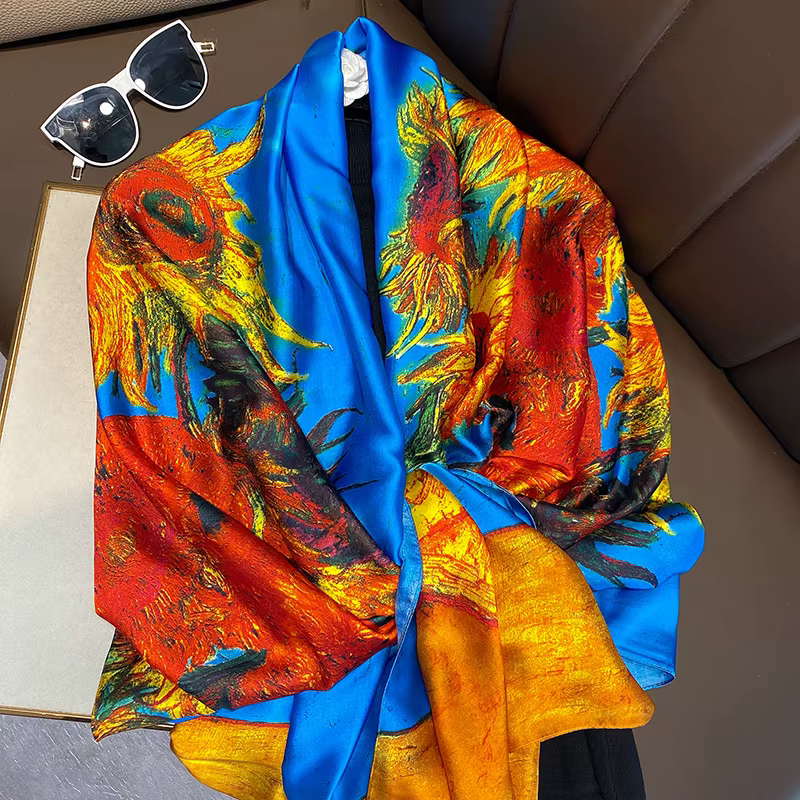 Van Gogh – écharpe en soie pour femmes, marque de luxe, imprimé tournesol, châle, Femme, plage, prot