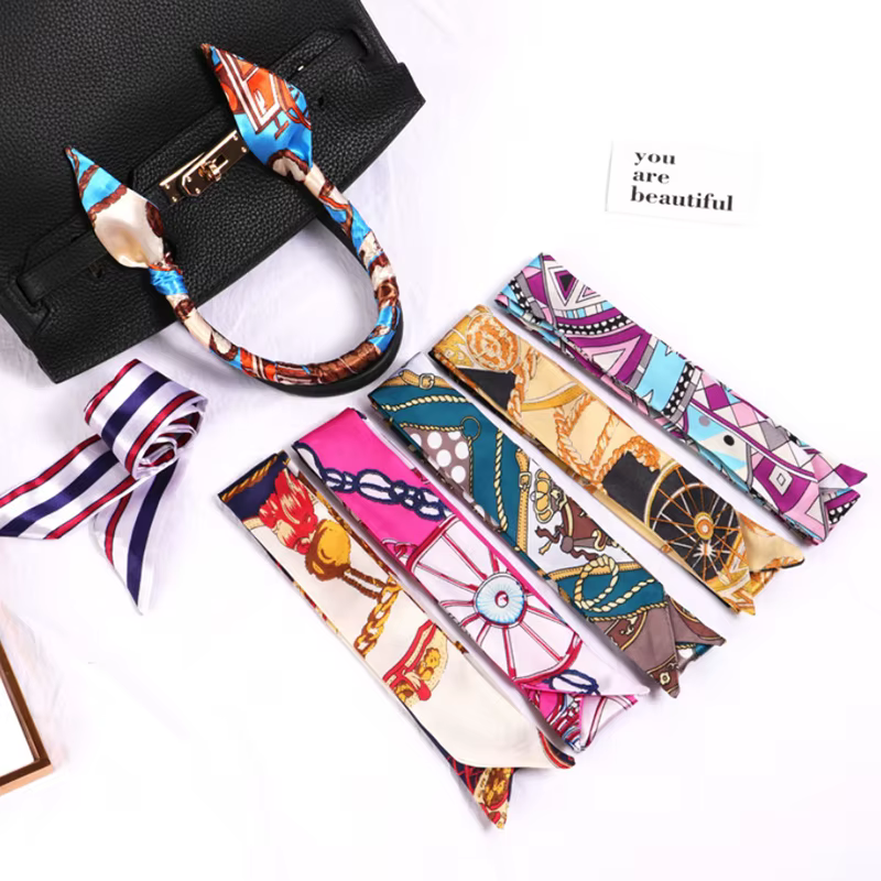 Nouvelle impression fleur petite écharpe pour femmes poignée sac rubans marque mode foulard petites