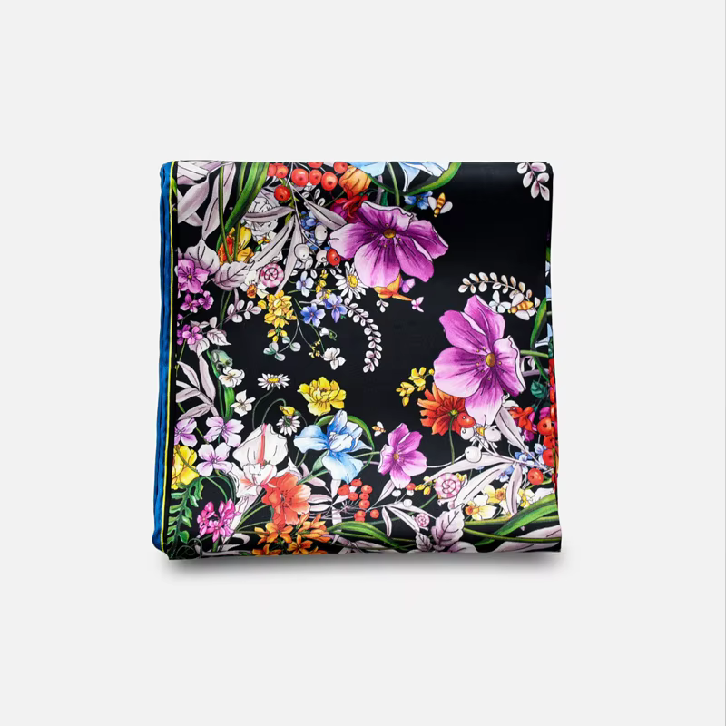 Foulard en sergé de soie véritable pour femmes, foulard de tête imprimé de fleurs, châle bandana car