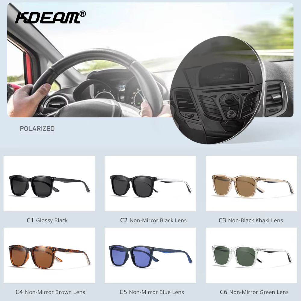 KDEAM hommes lunettes de soleil carrées lentille polarisée TR90 matériel cadre printemps charnières 