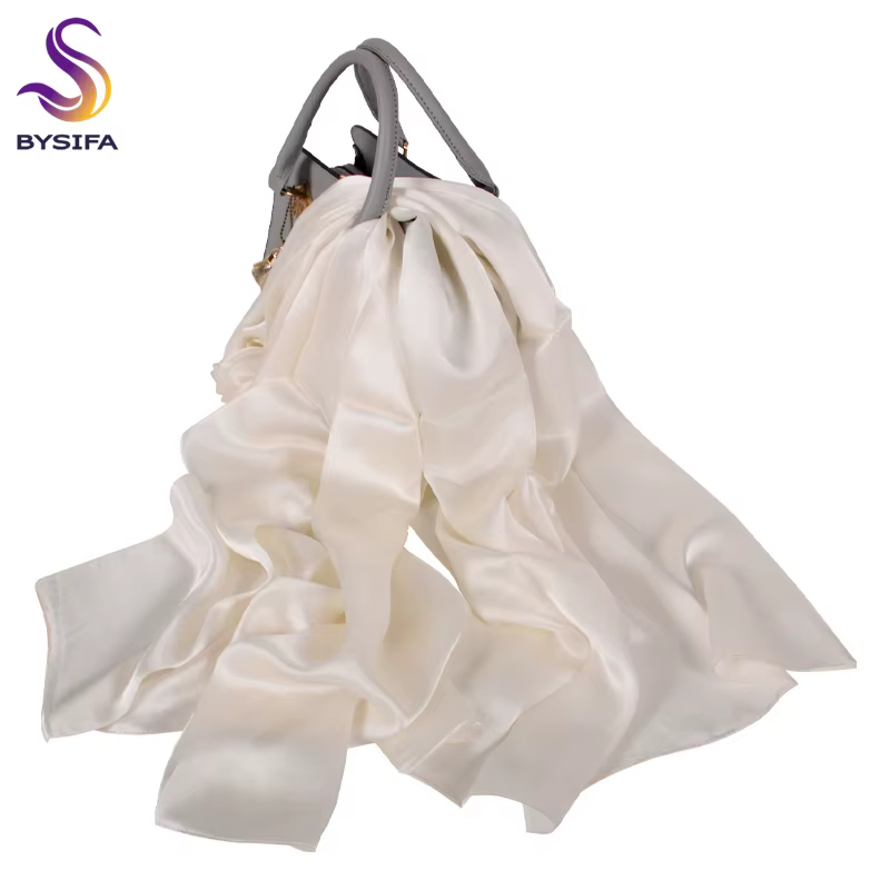 BYSIFA – foulard en soie 100% bleu foncé, châle, longue écharpe, Hijabs, 180x70cm, marque de luxe, p