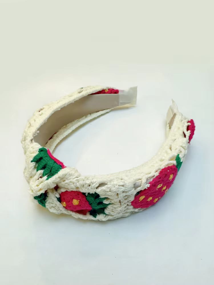1 bandeau au crochet de style bohème fait main – Bord large avec motif floral à carreaux et fraises,