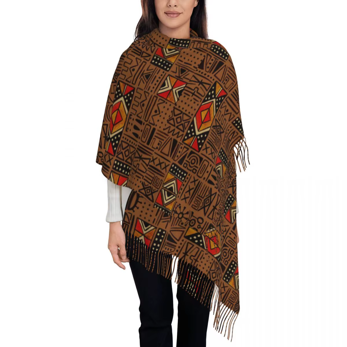 Afrique Bogolan afrique ethnique Tribal Art écharpe gland foulards femmes doux chaud châles et envel
