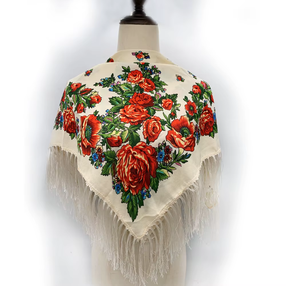 Écharpe carrée russe femmes luxe imprimé fleuri frangé Bandana foulards paréo dame bandeau foulards 