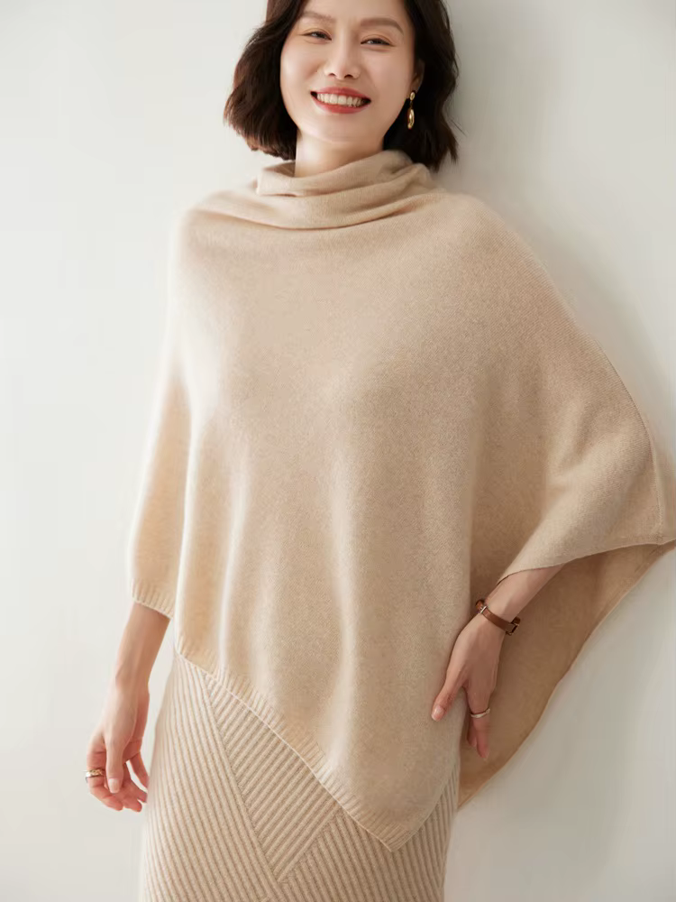 Cape châle en laine mérinos avec manches chauve-souris, pull à col roulé, pashmina, 100% laine, tout