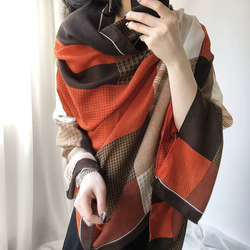Écharpe de Style coréen pour femmes, écharpe en coton et lin imprimé à carreaux, longue, chaude, mod