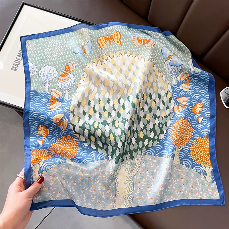 Foulard carré 100% en soie de mûrier naturelle pour femmes, Bandana l'arbre de vie, bandeau pour dam