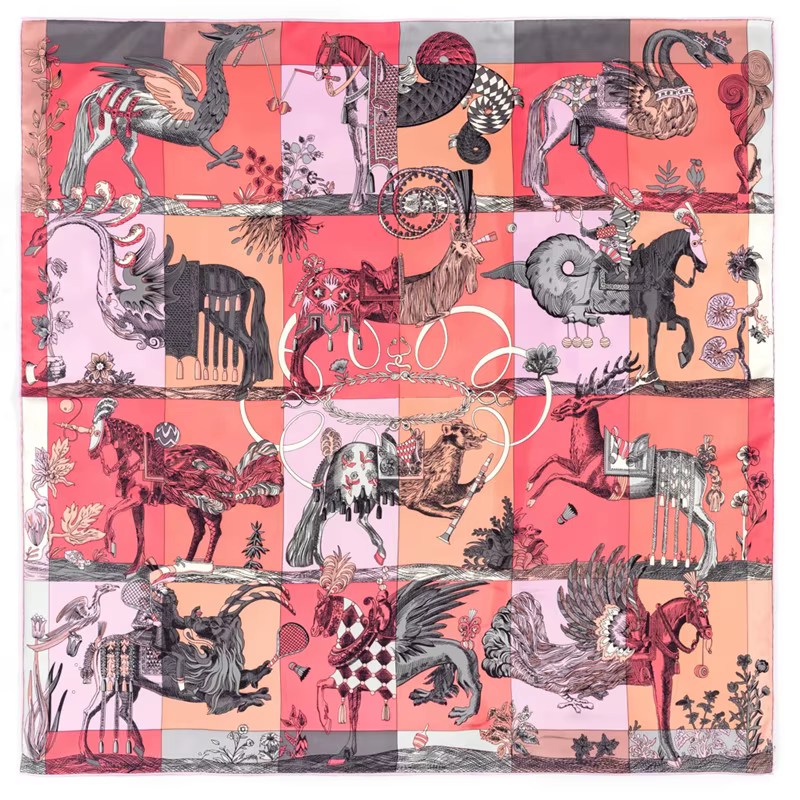Marque de luxe sergé soie grande écharpe femmes à la main curling cheval cavalier animal femme sergé