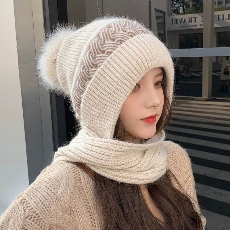 Bonnet et écharpe tout-en-un pour femme, bonnet rembourré pour le cou, protection des oreilles, chev