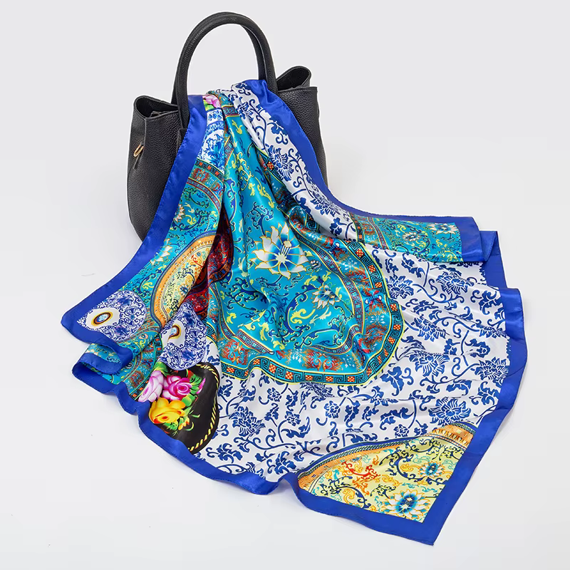 Foulard carré en soie pour femmes, marque de luxe, imprimé en Satin, Hijab, paréo, Bandana, châle, b