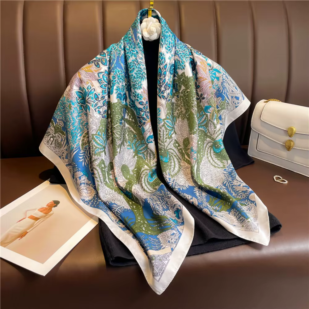 Écharpe en soie florale de 90 cm, nouveau design, élégante et luxueuse, écharpe carrée pour femme, c