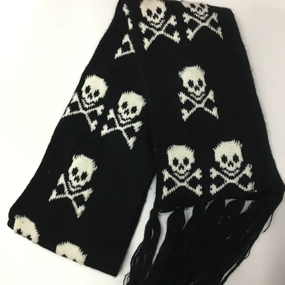 Écharpe gothique en forme de crâne pour Halloween, châle foncé noir tricoté avec glands en acrylique