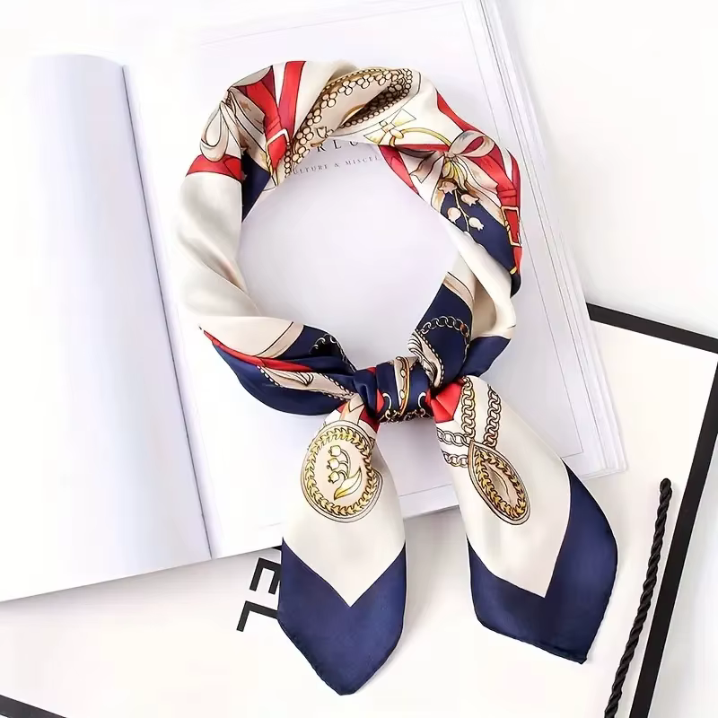Une écharpe carrée avec un motif de boutons en cuir, 27,5 pouces, en fibre 100% polyester, tissu lis