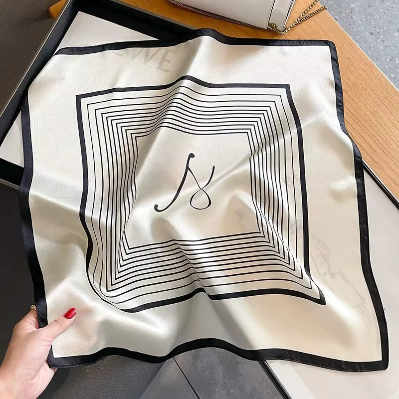 100% véritable Foulard de cou en soie femmes noir rayé Bandana Foulard Femme carré Foulard enveloppe