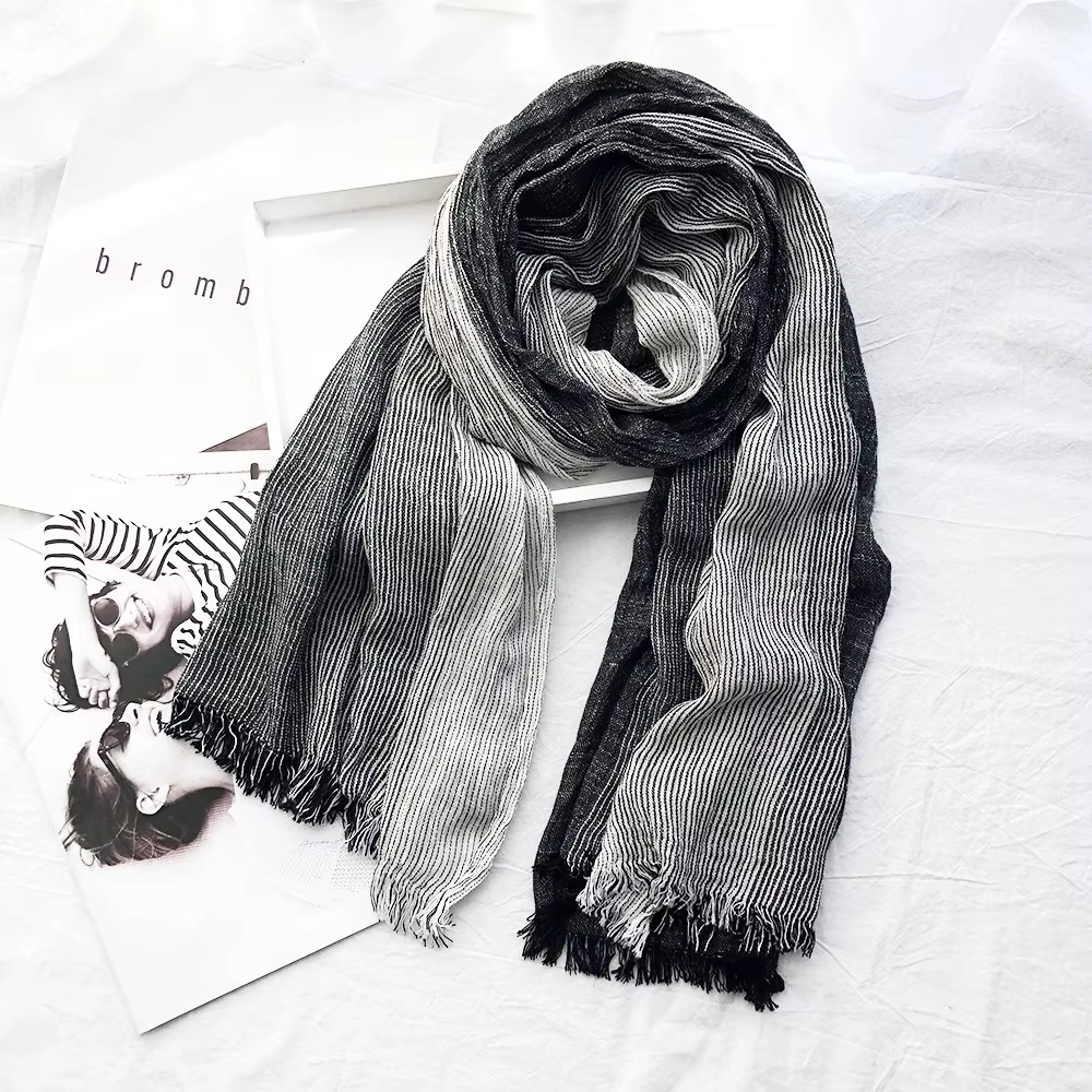 Écharpe rayée en coton et lin pour hommes, automne hiver, foulard doux et chaud, accessoires masculi