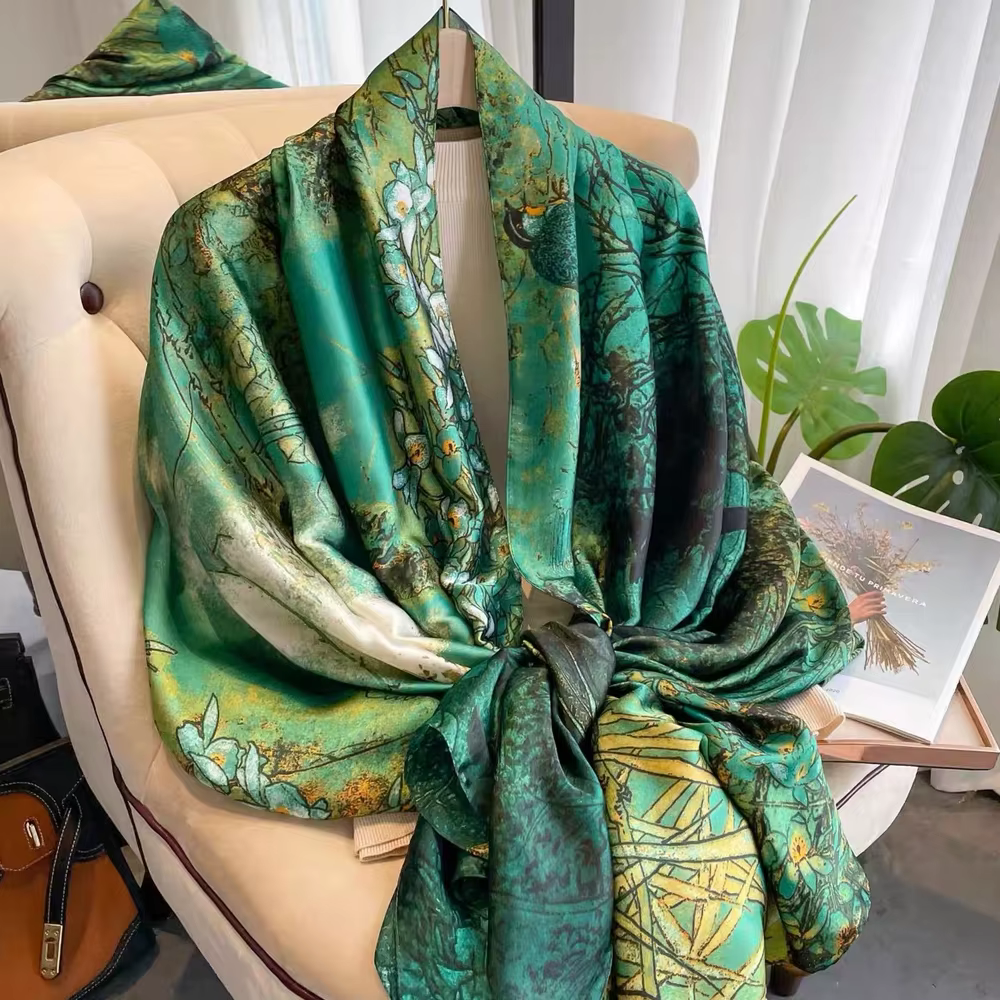 Écharpe de luxe en soie verte 85*180cm pour femme, douce et lisse, foulard, hijab, écharpe d'extérie