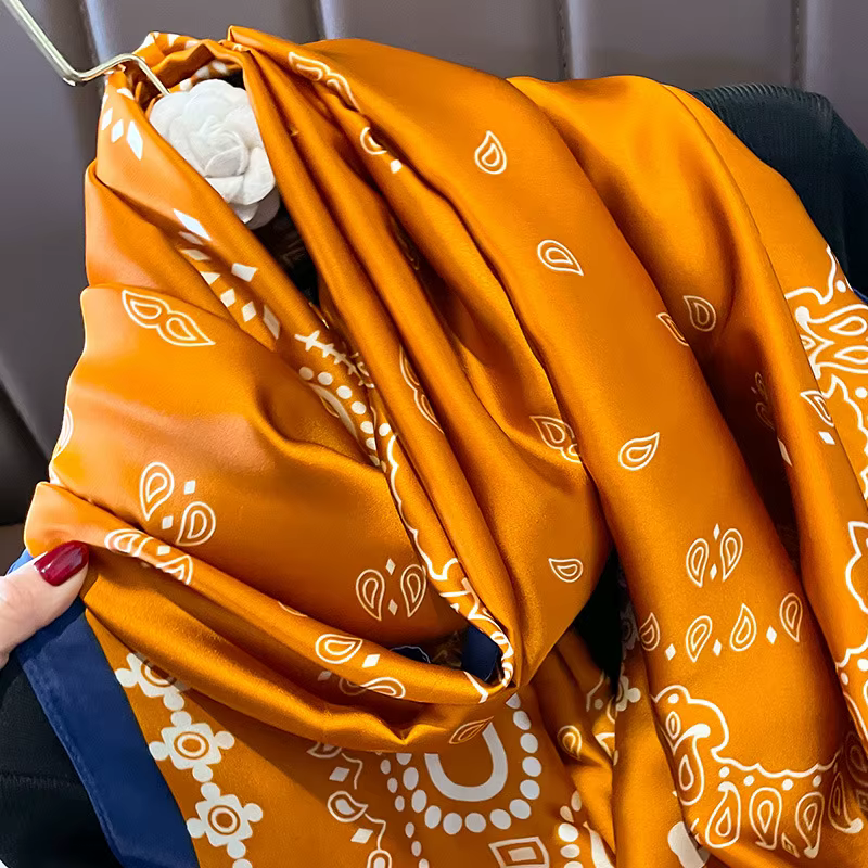 Grand châle en satin imprimé pour femme, écharpe de marque de luxe, bandeau de sauna, hijab, turban,