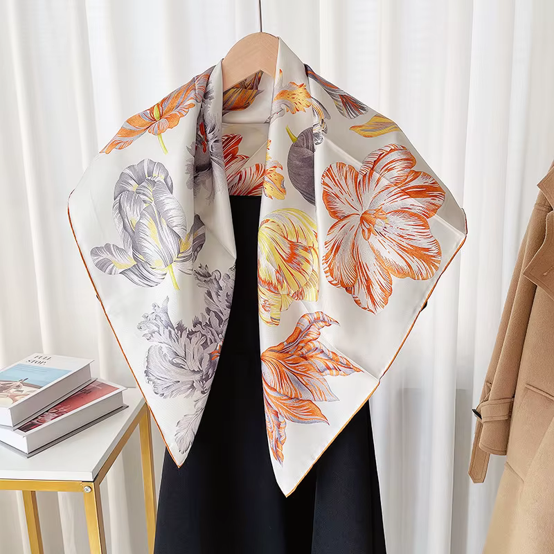 Foulard en soie 90 Floral pour femmes, châle, foulard de tête 100% soie, Hijab pour envelopper les c