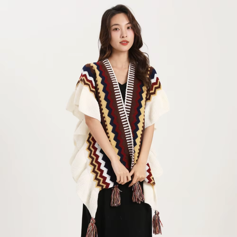 Châle bohème pour femme, Mohair avec pompon, cardigan ethnique rétro pour femme, écharpe à volants r