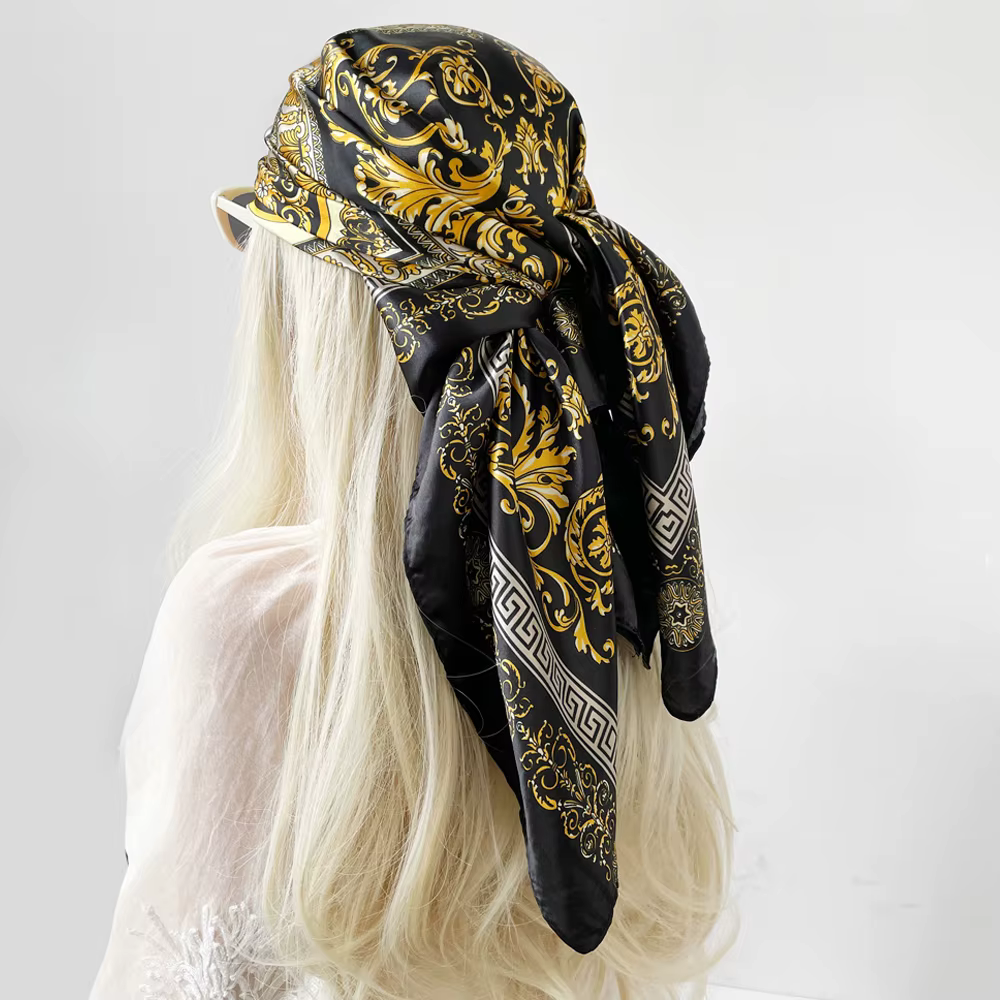 Nouveau Foulard Carré en Soie Imprimé Floral Style Bohème de Luxe Unisexe, Ruban en Satin pour la Tê