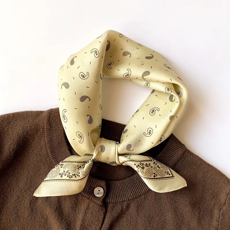 Écharpe de cou en soie véritable 100% naturelle pour femmes, foulard de tête imprimé Paisley Beige, 