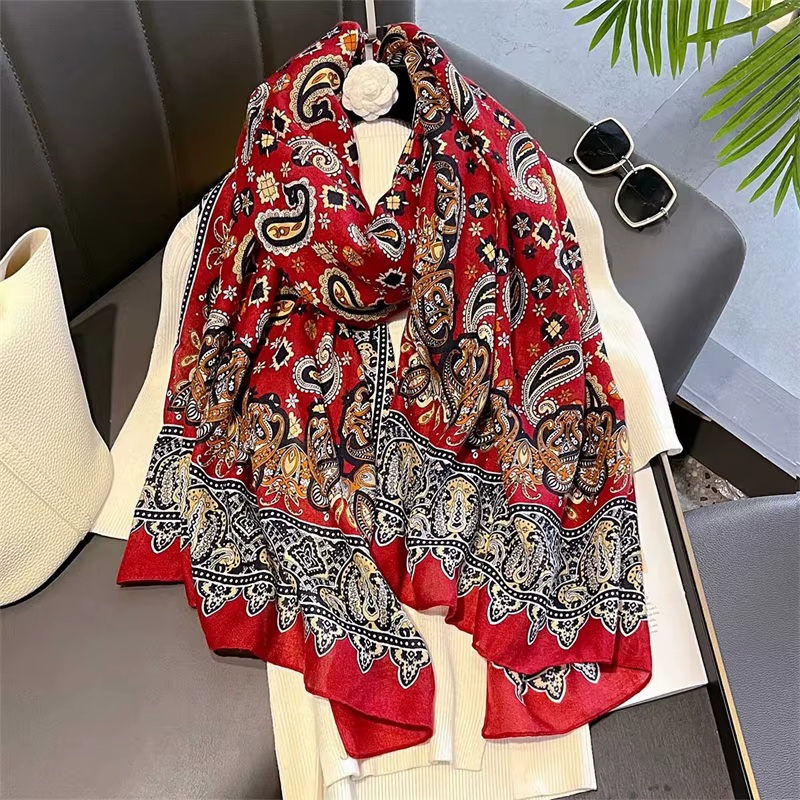 Châle Paisley noir Vintage 88x180cm, sensation de coton et de lin, écharpe de Style Boho pour femmes