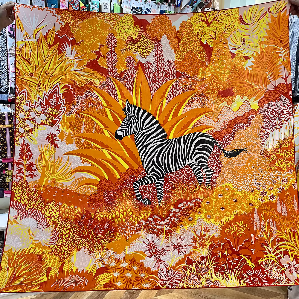 Foulard en cachemire de soie pour femmes, châle roulé à la main, imprimé zèbre forêt, carré, envelop