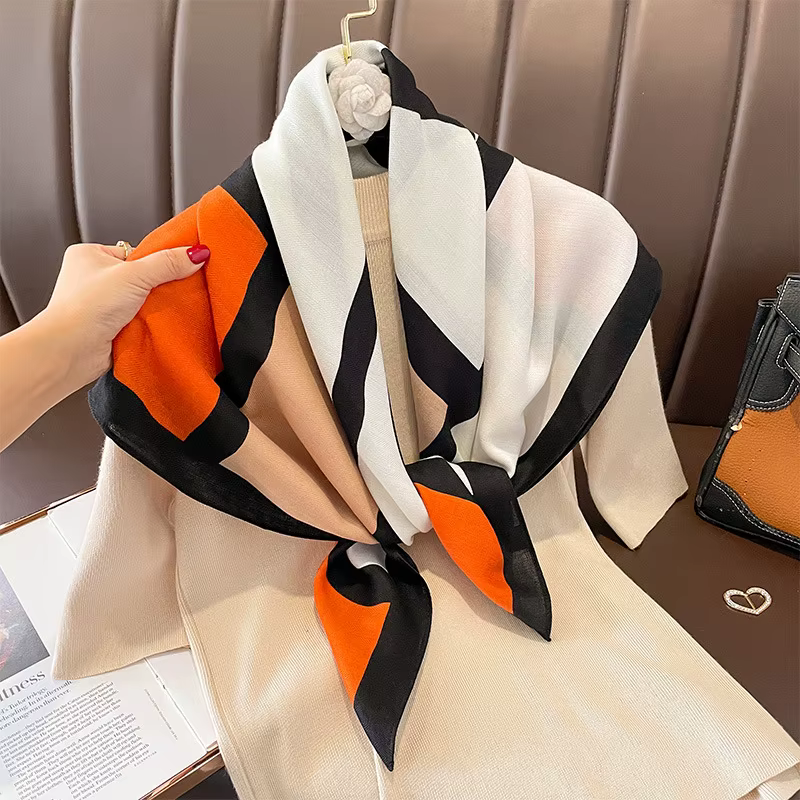 Foulard Carré Géométrique en Coton pour Femme, Petit Mouchoir, Sac à Dos, Hijab, 90x90cm