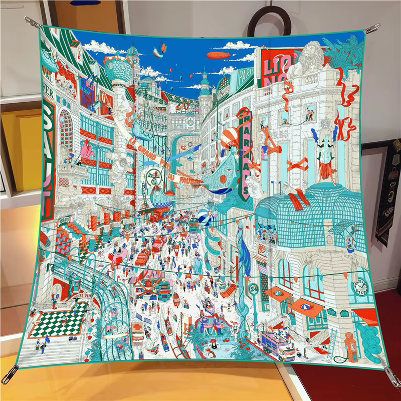 Foulard en soie sergé pour femmes, 90CM, mode décontractée, imprimé ville de Paris, bandeau, châle, 