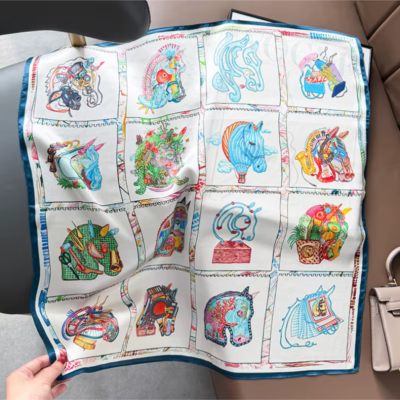 Foulard carré 100% Soie de Mûrier à Imprimé Cheval, Bandana, Écharpe de Cou, Accessoire de Sac, Foul