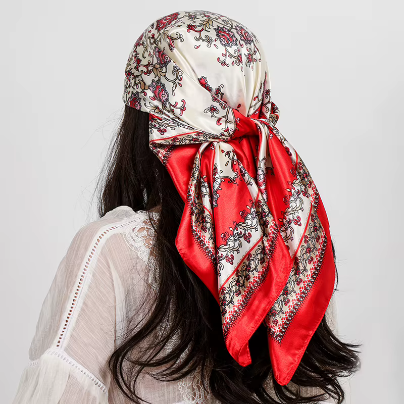 Foulard carré en soie imprimé pour femmes, châle en Satin musulman, Hijab, foulard enveloppant, band
