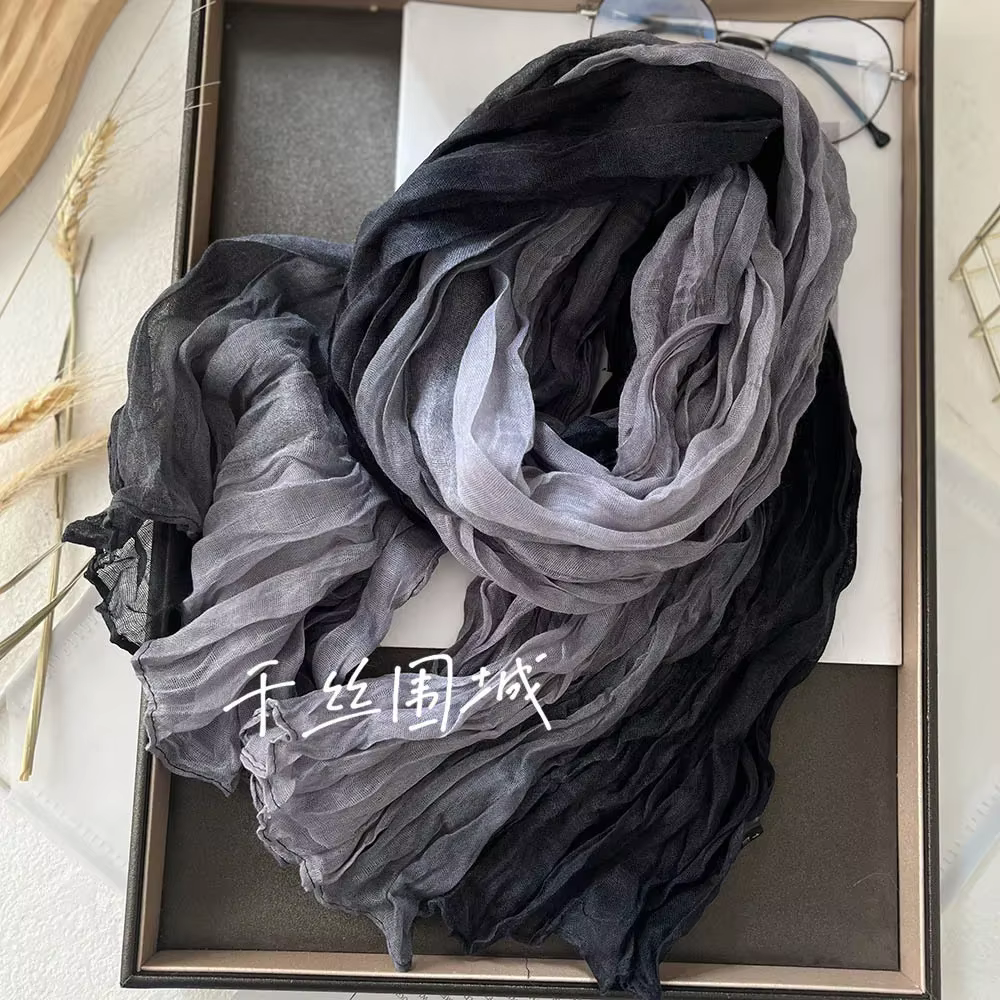 VREOVOR écharpe coton chanvre dégradé bleu automne hiver rétro polyvalent imprimé femmes longue pli 