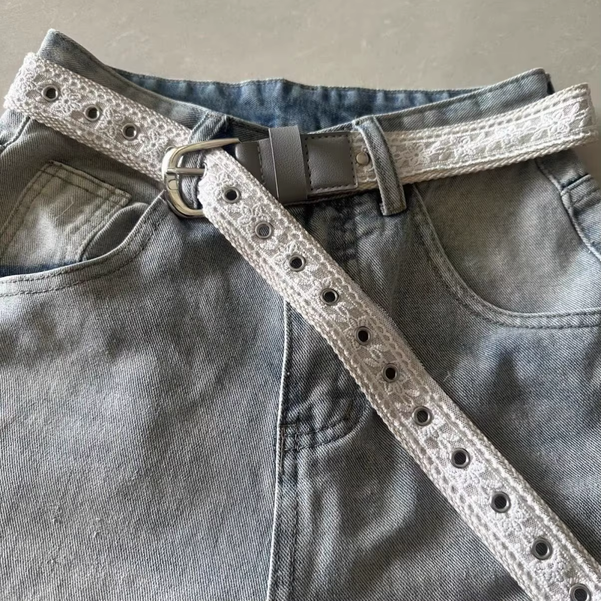 Ceinture en toile vintage avec dentelle pour femme, boucle métallique tendance, ceinture décorative,