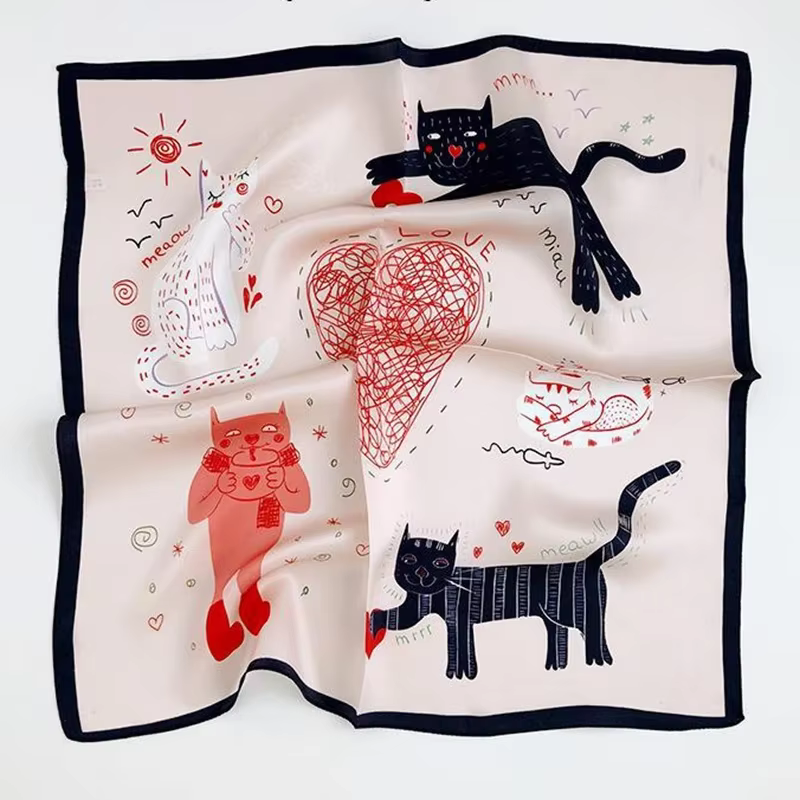 Foulard Chats Mignons pour Femmes, Foulard de Luxe, Injkerchief de la raq du Mûrier, Bandeau Carré à