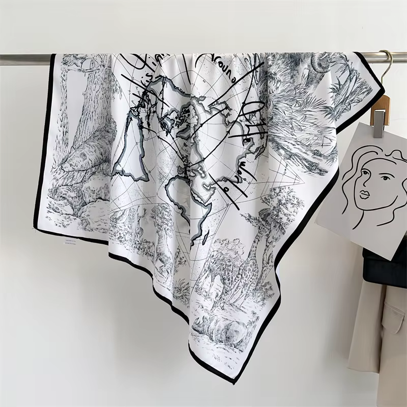Écharpe carrée imprimée carte du monde 90*90cm, foulards en soie pour femmes, bandanas, grand châle 