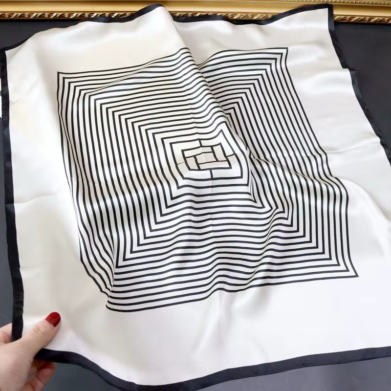 Foulard de cou en soie de mûrier Pure 100%, foulard rayé noir et blanc, foulard carré pour la tête, 