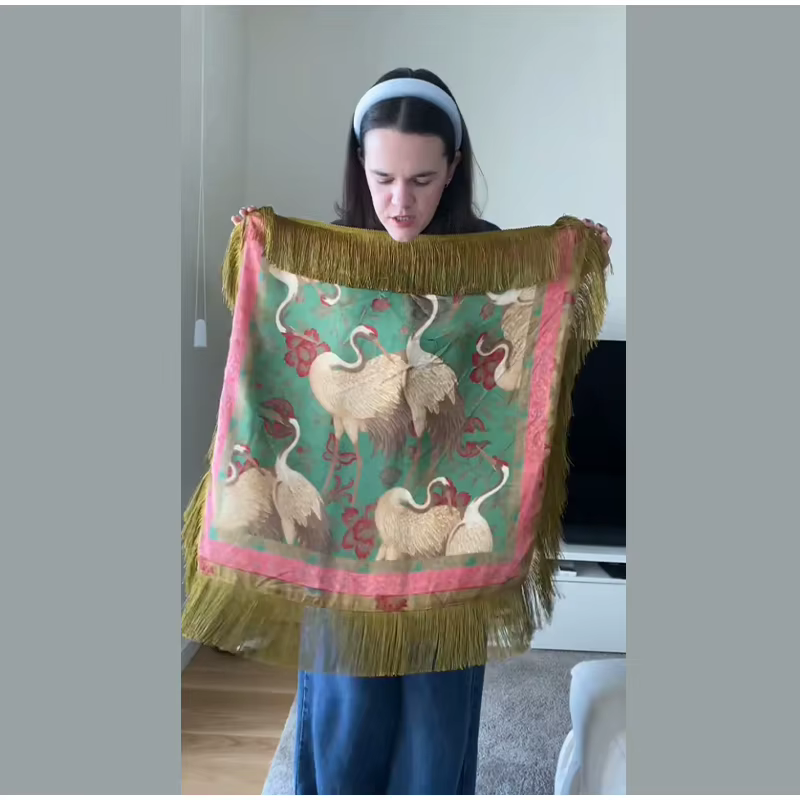 Écharpe Chic Imprimée à Pompons pour Femme, Légère, Vintage, Bandana Carré Grande Taille, Châle Soye