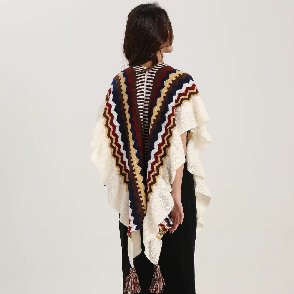 Châle bohème pour femme, Mohair avec pompon, cardigan ethnique rétro pour femme, écharpe à volants r