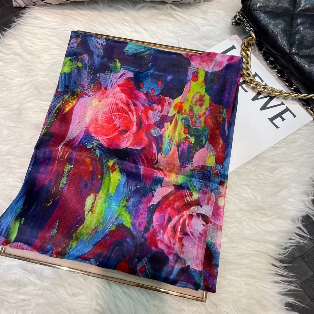 Orange bleu femmes 100% foulard en soie de mûrier élégant Floral longue Pure écharpe en soie été pla