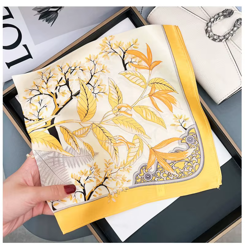 Foulard en soie jaune pour femmes, 1 pièce, 70cm, feuille tombante, imitation soie, élégant, frais e