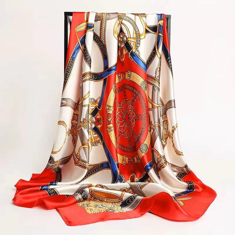 Mouchoirs cheveux foulard en soie 90*90 cm imprimé Satin grand carré foulards en soie châles pour fe