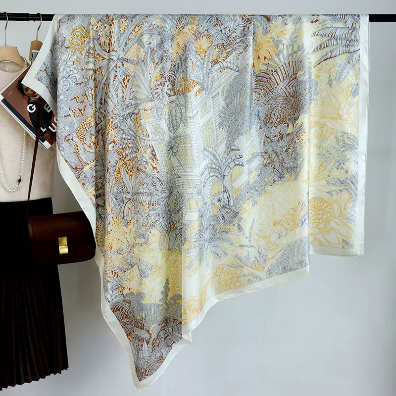 Écharpe en Soie de Mûrier de Luxe Grande Taille, Foulard et Châle de Créateur pour Femme, Bordure Ro