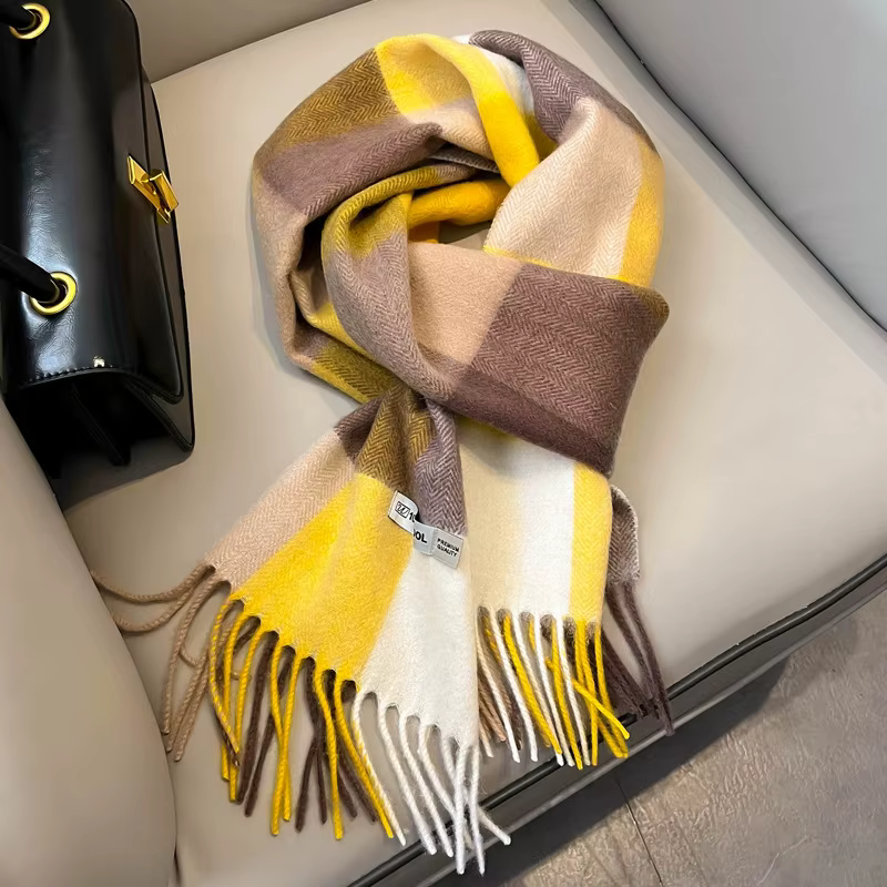 Écharpe britannique en laine Pure pour hommes et femmes, classique, jaune, grande grille, pompon, ca