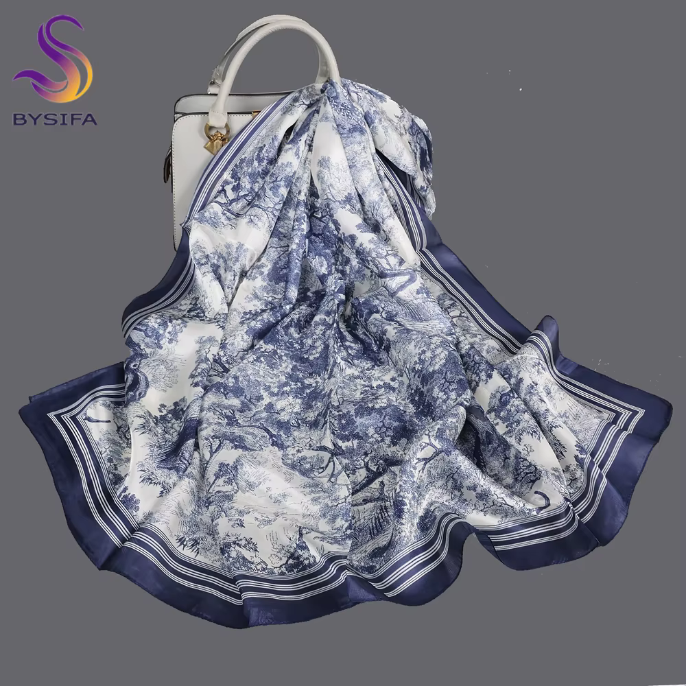 BYSIFA | Nouveau Foulard Châle en Soie de Mûrier 100% Ultra-large Bleu et Blanc pour Femme, Motif