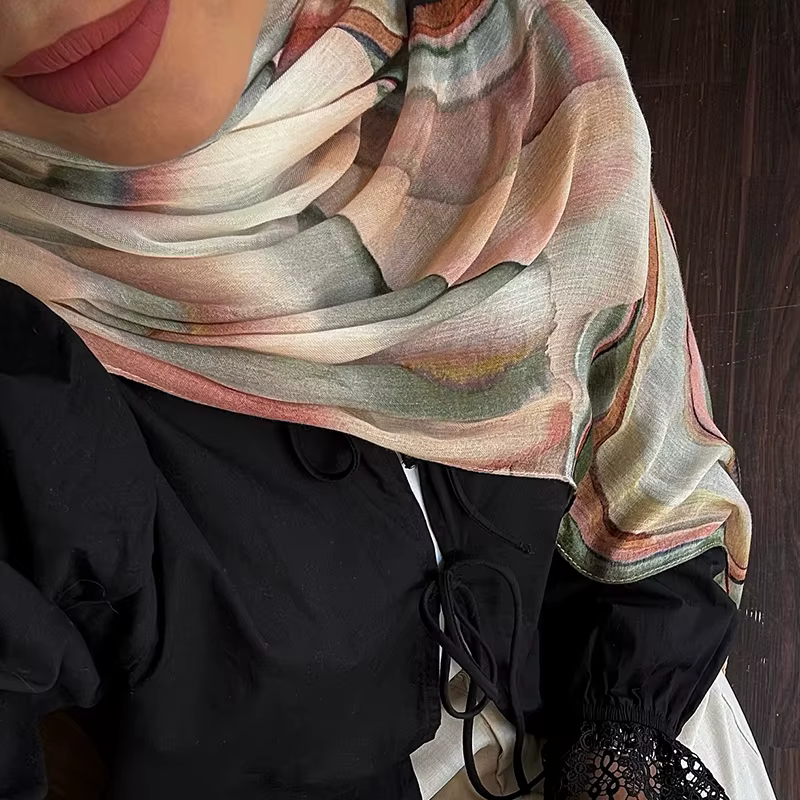 2025 nouvelle aquarelle florale Satin Modal Hijab écharpe respirant doux longue mode foulards foular