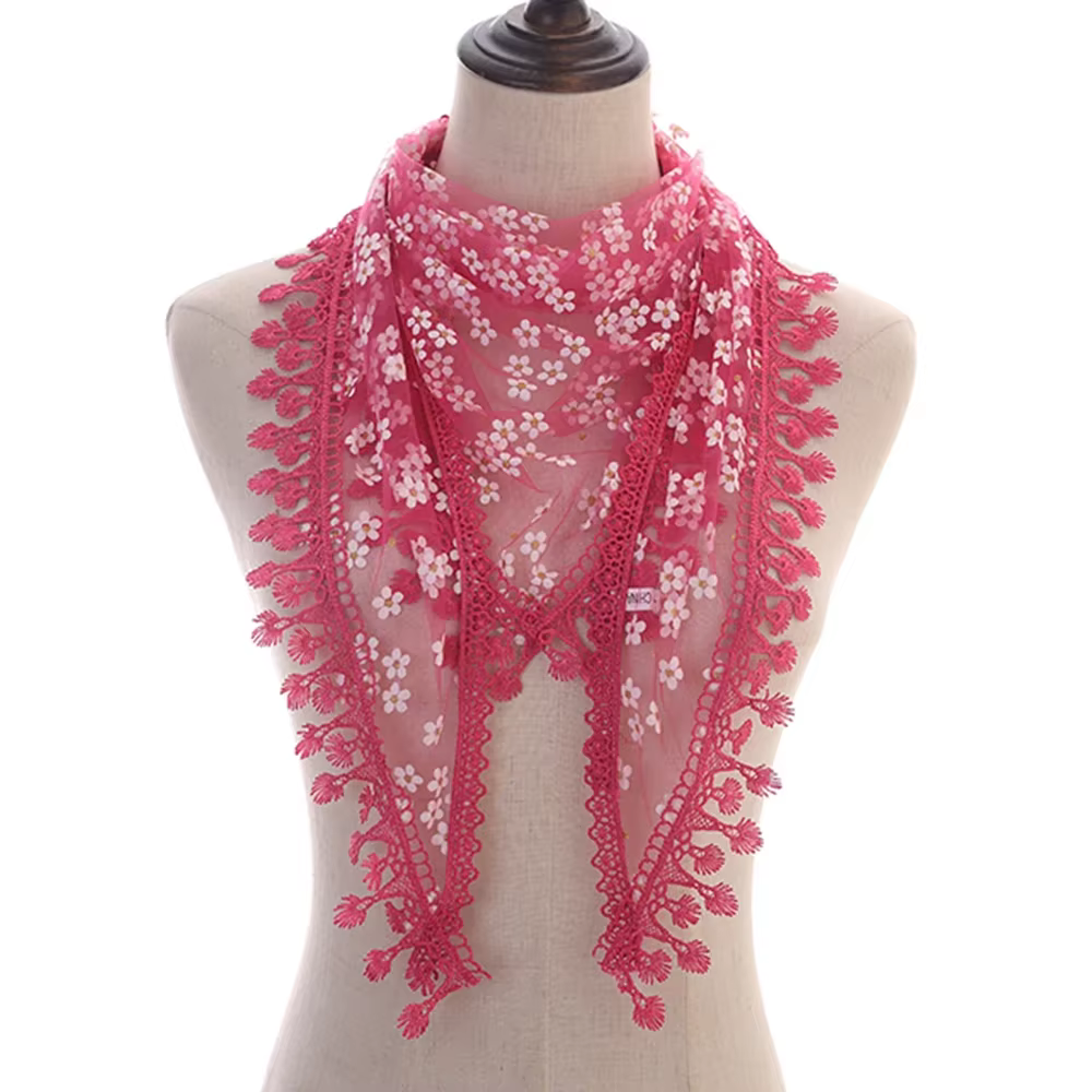 Écharpe Triangle à Pompon pour Femme, Dentelle Brodée, Châle Solide, Voile de Mode, Hijab de Prière 