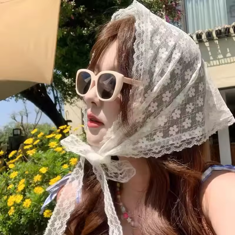 Femmes Style campagnard français dentelle maille Triangle écharpe printemps été Floral cheveux échar